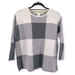 Max Studio Women’s Checked Plaid Black White Quarter Sleeve Pullover Sweater Med